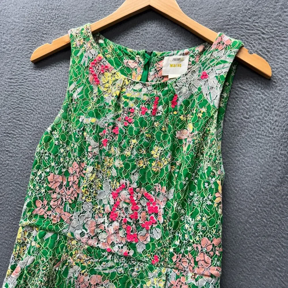 Maeve Verbena Dress Lace Overlay Sequins Green Pink Zip Up‎ Womens 4 Mini